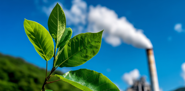 Plant with green leave and a Chimney Stack - Greenhouse Gas (GHG) Emissions