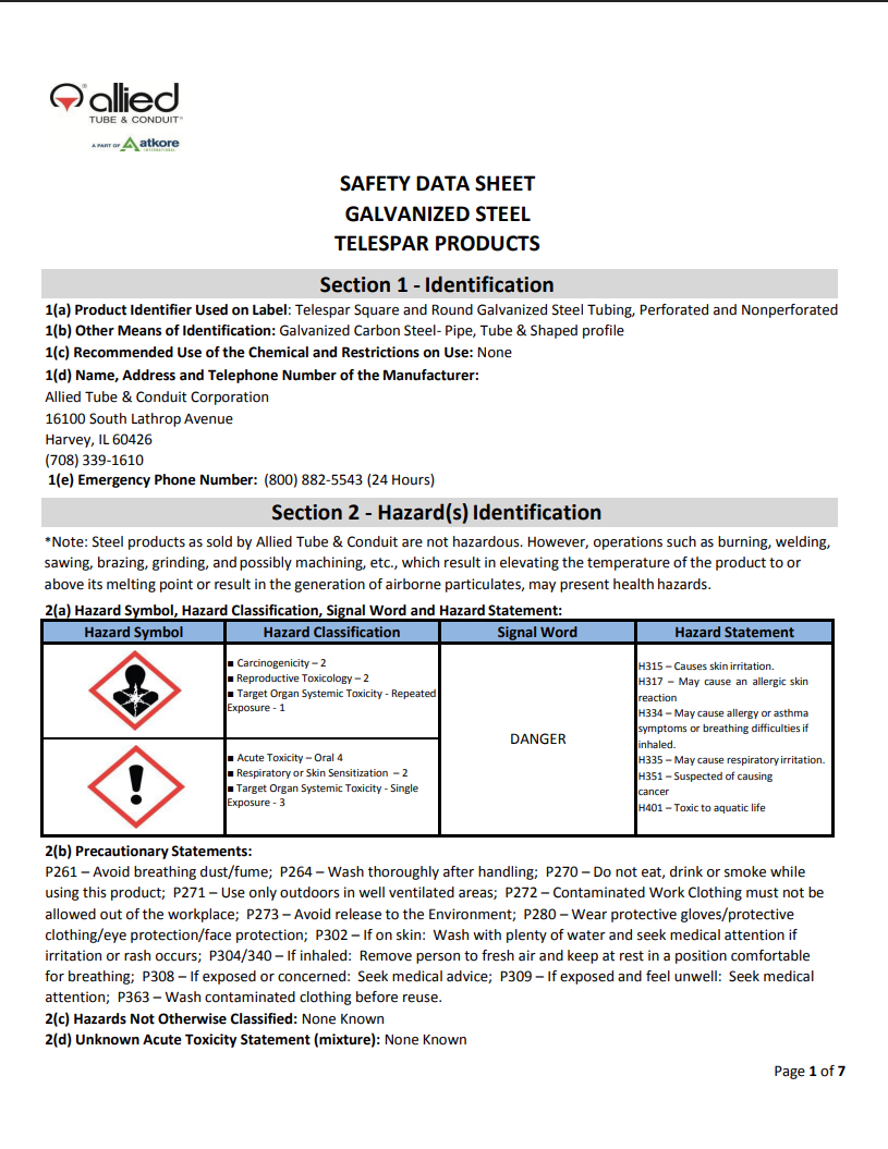 Atkore Safety Data Sheet Galvanized Steel Telespar Products