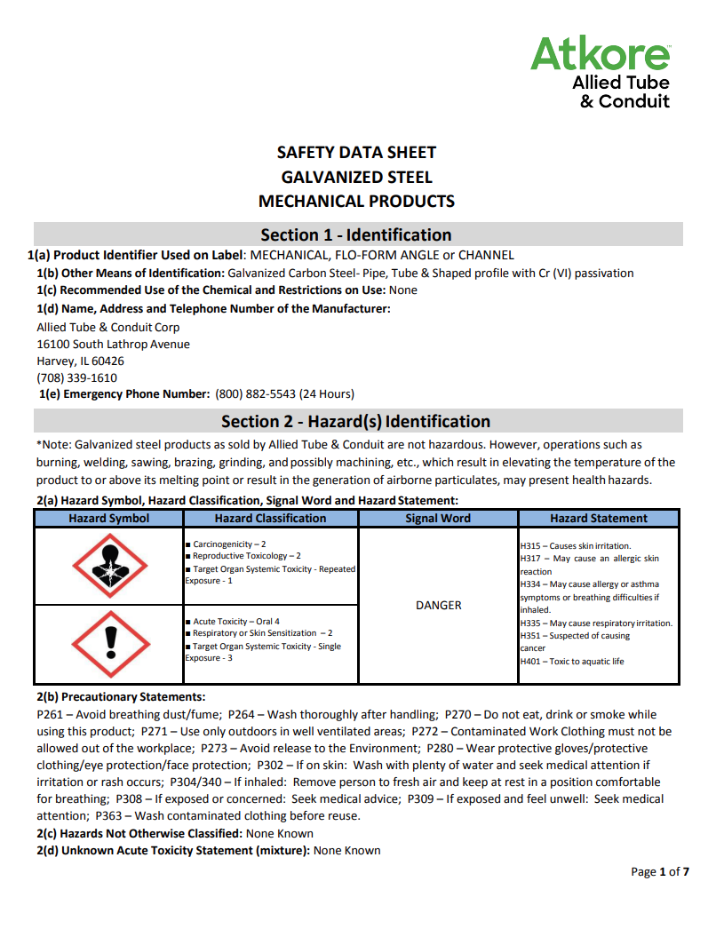 Atkore Safety Data Sheet Galvanized Steel Mechanical Products