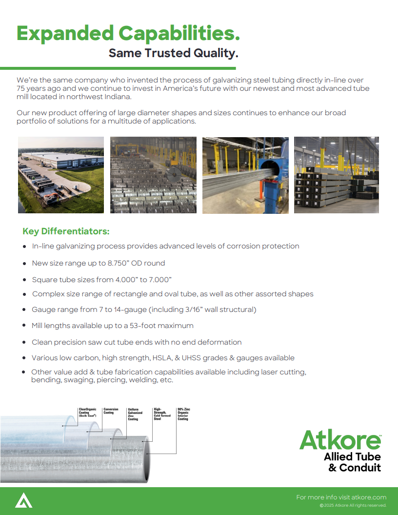Atkore Galvanized Steel Tubing Expanded Capabilities Flyer Cover